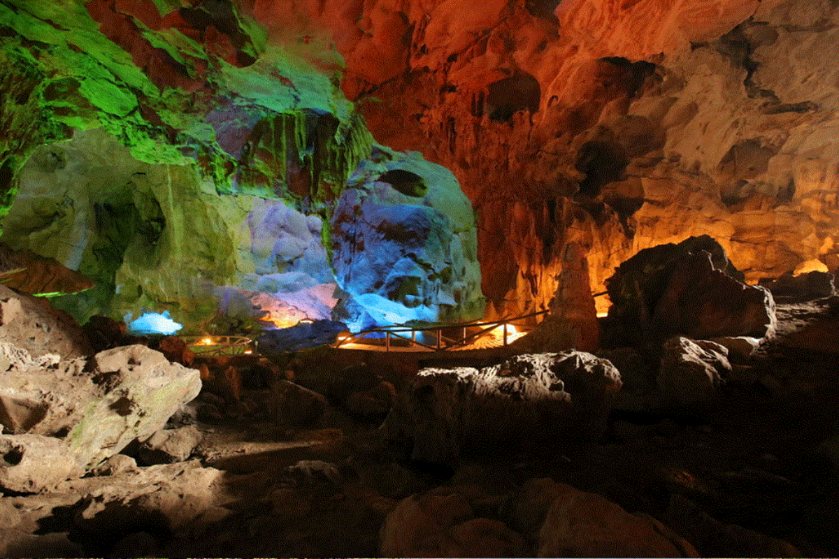 Interior of Pa Thom Cave with iridescent stalactites and mystical formations